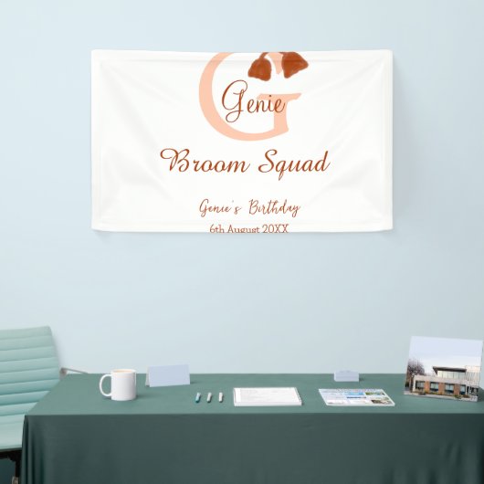 Brown broom Squad Birthday name peach monogram 横断幕 (トレードショー)