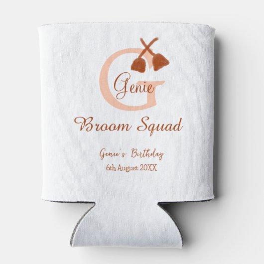 Brown broom Squad Birthday name peach monogram 缶クーラー (裏面)