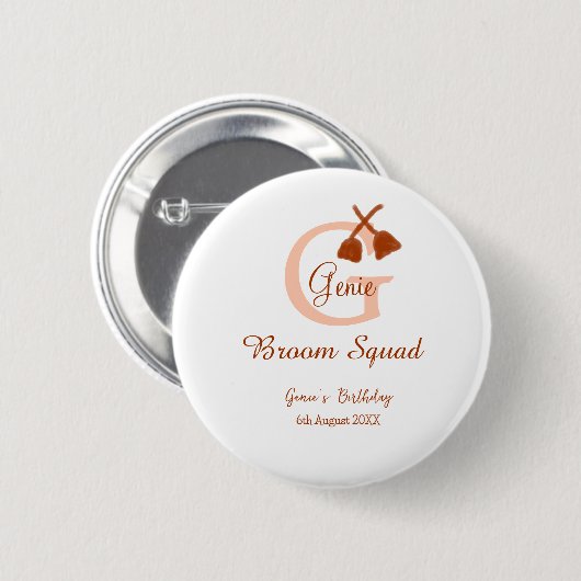 Brown broom Squad Birthday name peach monogram 缶バッジ (正面&裏面)