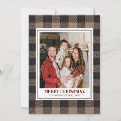 Brown Buffalo Plaid with Christmas Family Photo シーズンカード (正面)