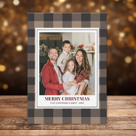 Brown Buffalo Plaid with Christmas Family Photo シーズンカード
