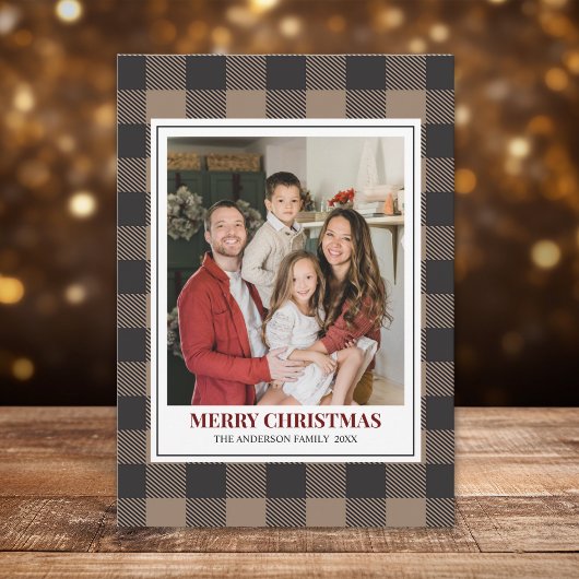 Brown Buffalo Plaid with Christmas Family Photo シーズンカード