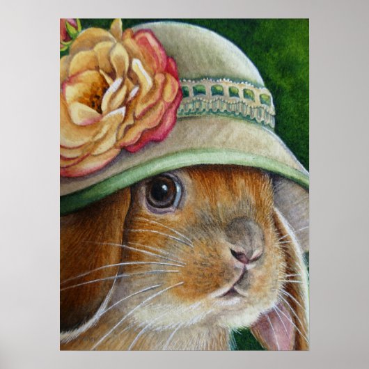 Brown Bunny Rabbit in Spring Bonnet Art 18x24 ポスター (正面)