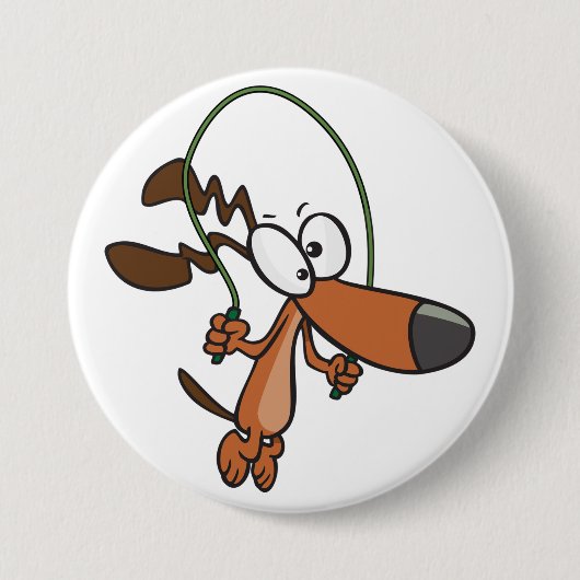 Brown Cartoon Dog Skipping Jump Rope 缶バッジ (正面)
