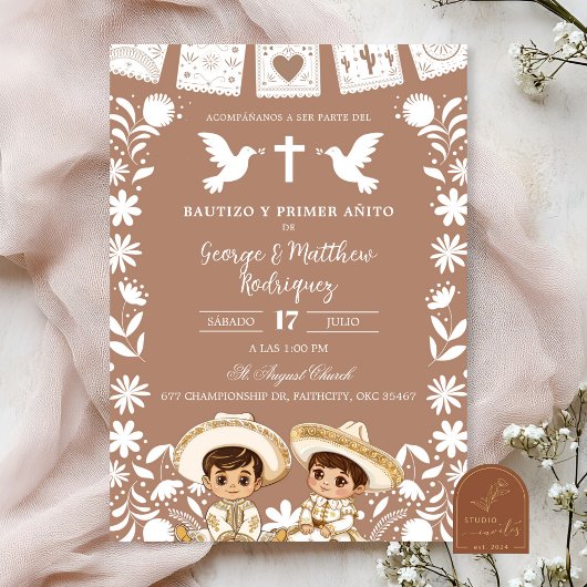 Brown Cielito Lindo Boy Twins Baptism and Birthday 招待状