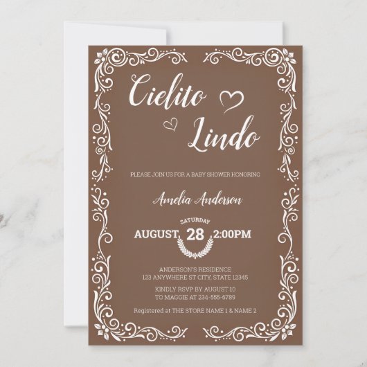 Brown Cielito Lindo Floral Swirl Heart Baby Shower 招待状 (正面)