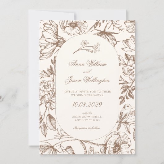 Brown Classic artistic floral wedding 招待状 (正面)