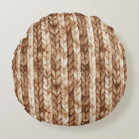 Brown Cream Faux Woven Stripes ラウンドクッション (正面)