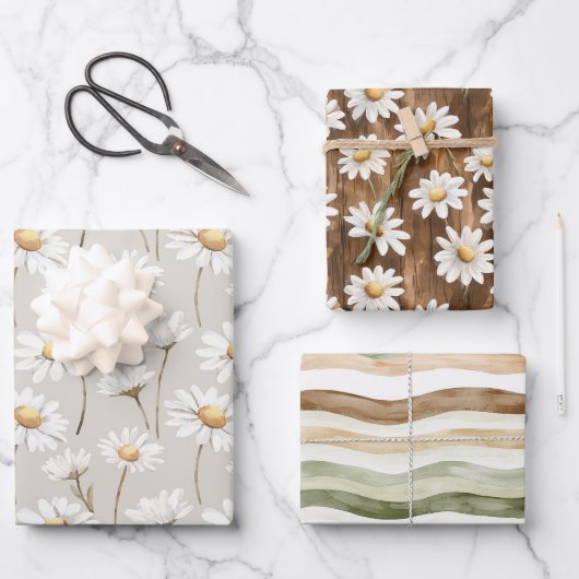 Brown Cream Green Stripes Daisy Floral Birthday ラッピングペーパーシート (正面)