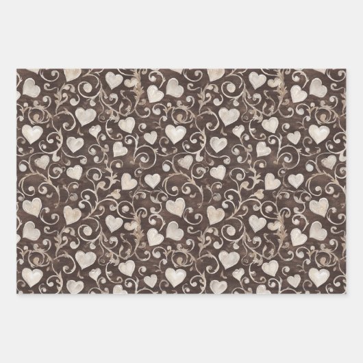 Brown Cream Hearts Red Lips Kisses Bridal Shower ラッピングペーパーシート (正面)