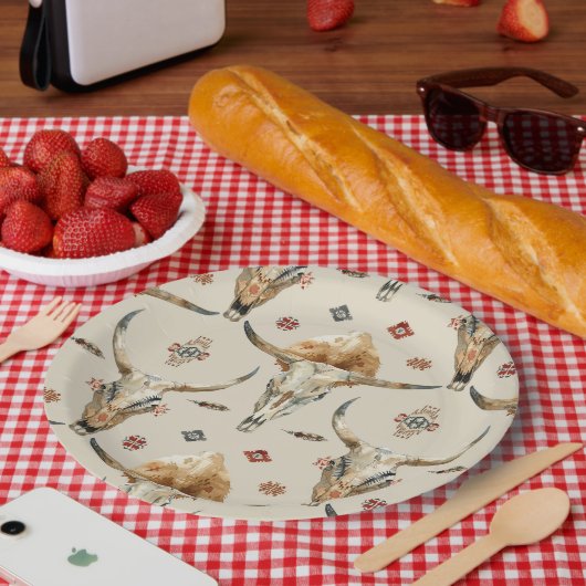 Brown Cream Tribal Native Feathers Birthday ペーパープレート (ピクニック)