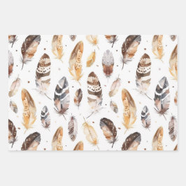 Brown Cream Tribal Native Feathers Birthday ラッピングペーパーシート