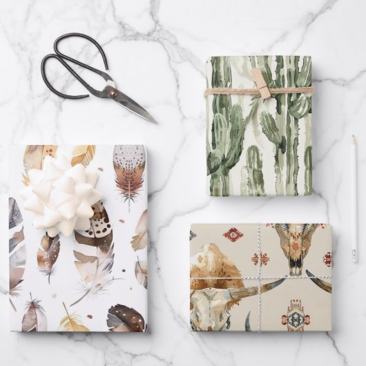 Brown Cream Tribal Native Feathers Birthday ラッピングペーパーシート (正面)