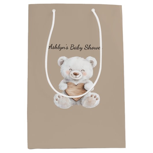Brown Cream White Teddy Bears Hearts Baby Shower ミディアムペーパーバッグ (正面)