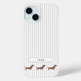 Brown Dachshunds on Beige Stripes Custom Name iPhone 15ケース