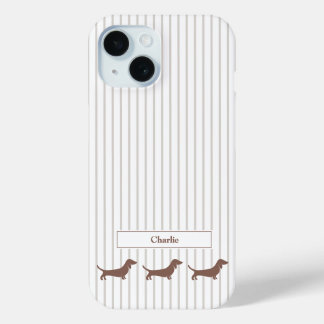 Brown Dachshunds on Beige Stripes Custom Name iPhone 15ケース