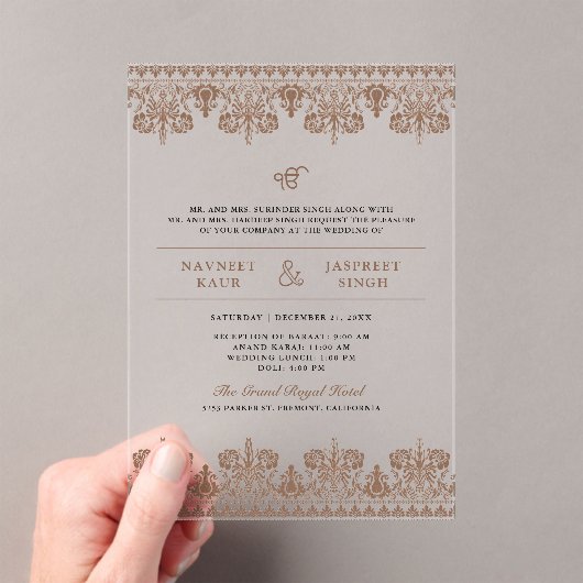 Brown Damask Border Anand Karaj Sikh Wedding アクリル招待状 (インサイチュ (ポータブル))