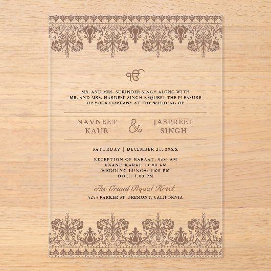 Brown Damask Border Anand Karaj Sikh Wedding アクリル招待状 (正面)
