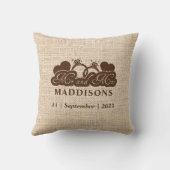 Brown Faux Burlap Mr. and Mrs. Wedding Keepsake クッション (裏面)