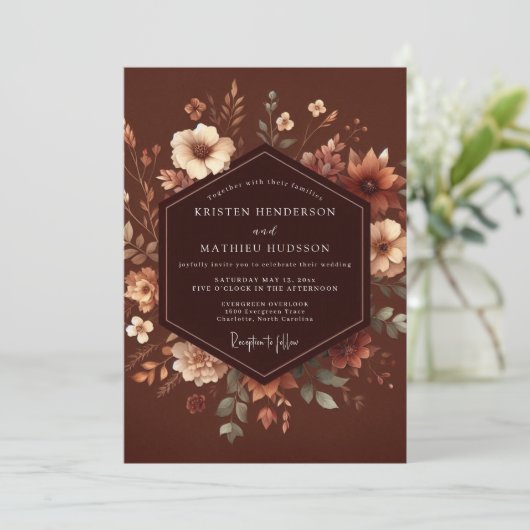Brown Floral Autumn Romance Wedding 招待状 (スタンド正面)