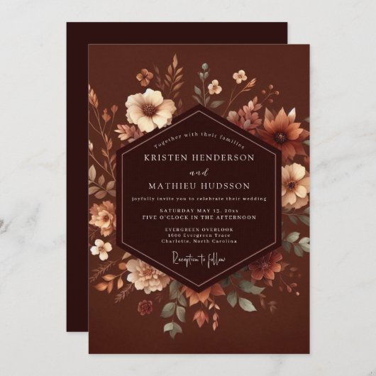 Brown Floral Autumn Romance Wedding 招待状 (正面/裏面)