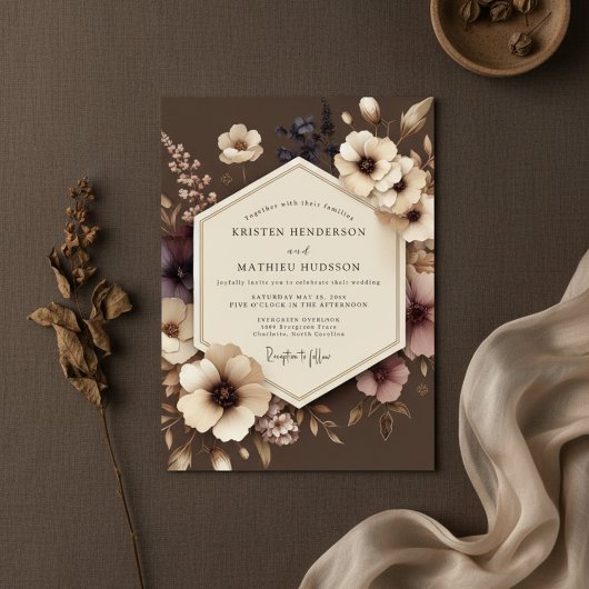 Brown Floral Nocturne Wedding 招待状