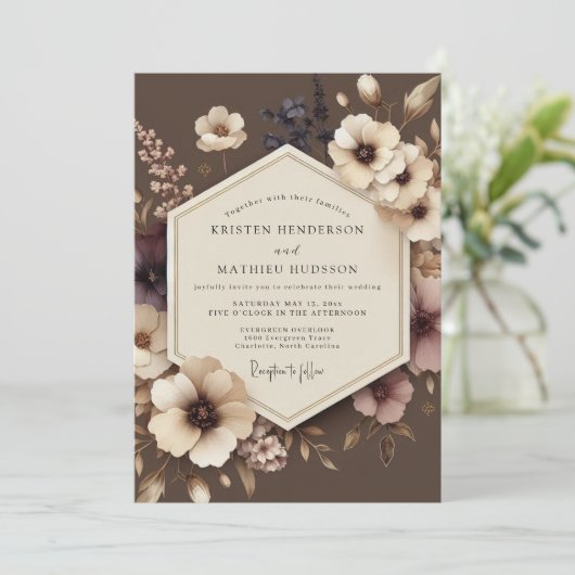 Brown Floral Nocturne Wedding 招待状 (スタンド正面)