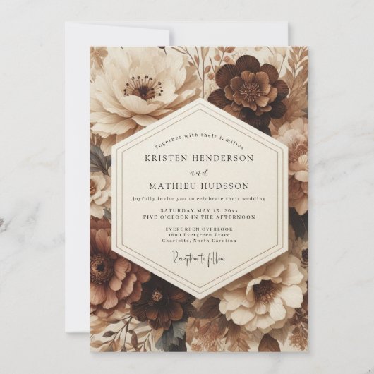 Brown Floral Opulent Wedding 招待状 (正面)