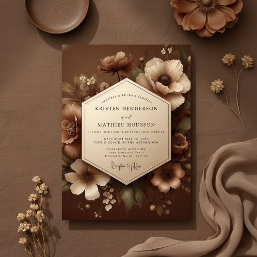 Brown Floral Romantic Woodland Wedding 招待状