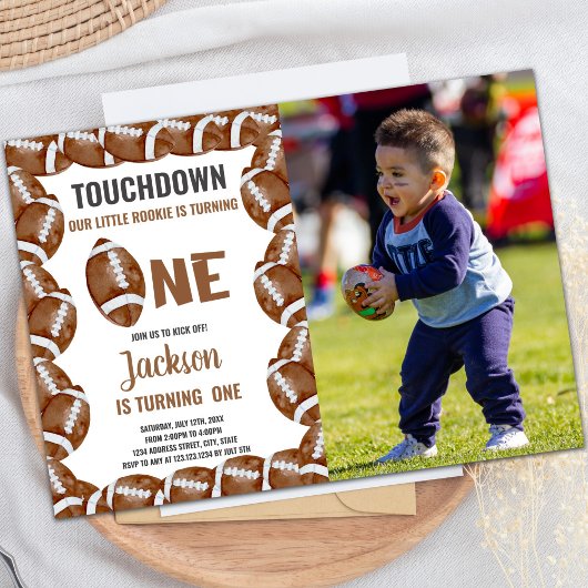 Brown Football Birthday Invitations with photo 招待状