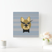 Brown Frenchie Bulldog, Stripes スクエア壁時計 (ホーム)