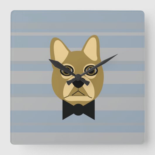 Brown Frenchie Bulldog, Stripes スクエア壁時計 (正面)