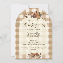 Brown Gingham Autumn Florals Arch Thanksgiving 招待状