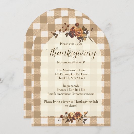 Brown Gingham Autumn Florals Arch Thanksgiving 招待状 (正面/裏面)