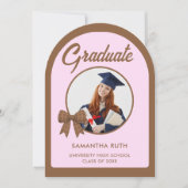 Brown Gingham Bow Arch Photo Graduation Party 招待状 (正面)