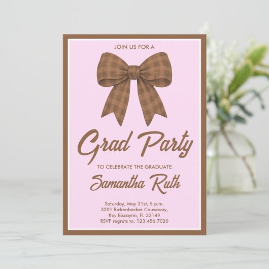 Brown Gingham Bow Graduation Party 招待状 (スタンド正面)