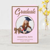 Brown Gingham Bow Photo Graduation  カード (黄色い花)