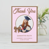 Brown Gingham Bow Photo Graduation サンキューカード (スタンド正面)
