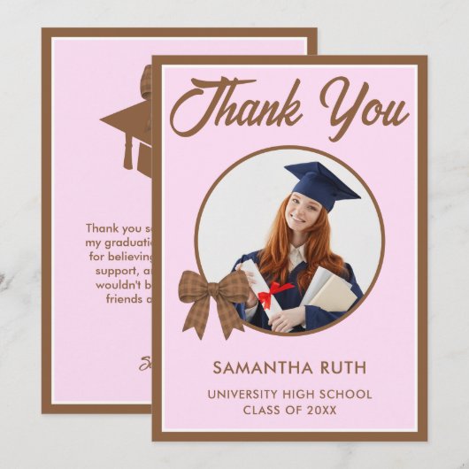 Brown Gingham Bow Photo Graduation サンキューカード (正面/裏面)