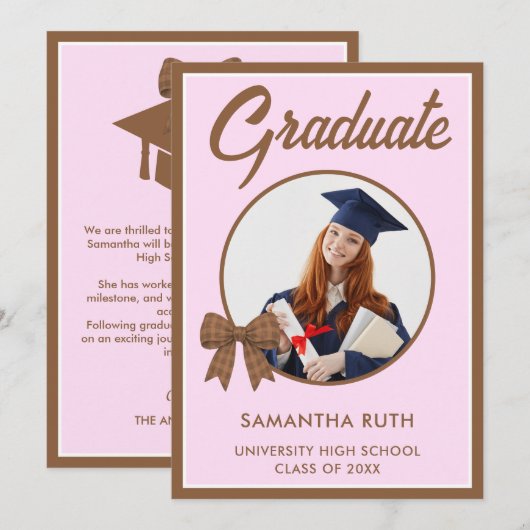 Brown Gingham Bow Photo Graduation Announcement 案内状 (正面/裏面)