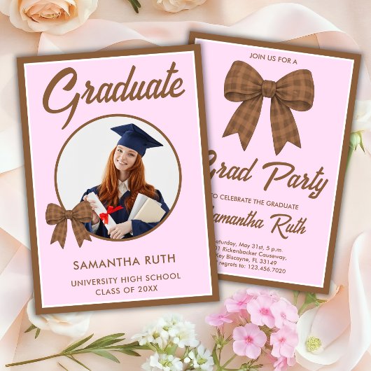 Brown Gingham Bow Photo Graduation Party 招待状
