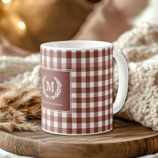 Brown Gingham Monogram Crest Custom コーヒーマグカップ
