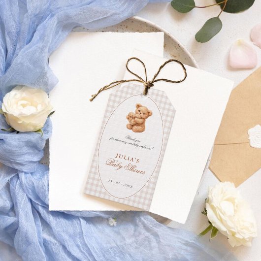 Brown Gingham Teddy Bear Neutral Baby Shower Paper ギフトタグ
