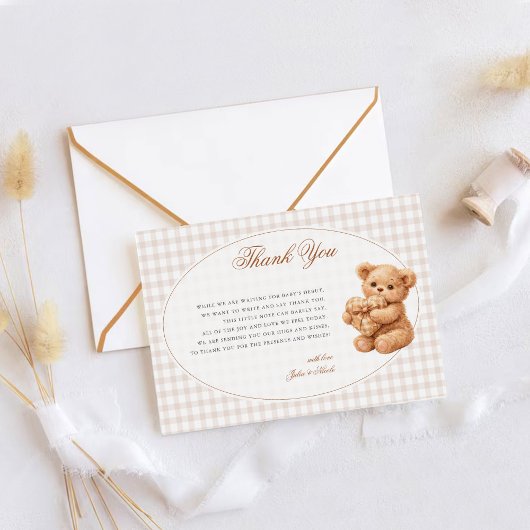 Brown Gingham Teddy Bear Neutral Baby Shower Paper サンキューカード