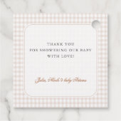 Brown Gingham Teddy Bear Neutral Baby Shower Paper フェイバータグ (裏面)