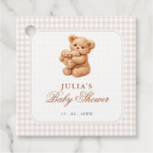 Brown Gingham Teddy Bear Neutral Baby Shower Paper フェイバータグ (正面)