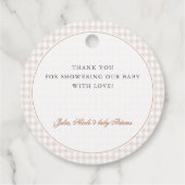 Brown Gingham Teddy Bear Neutral Baby Shower Paper フェイバータグ (裏面)