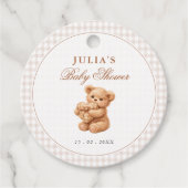 Brown Gingham Teddy Bear Neutral Baby Shower Paper フェイバータグ (正面)