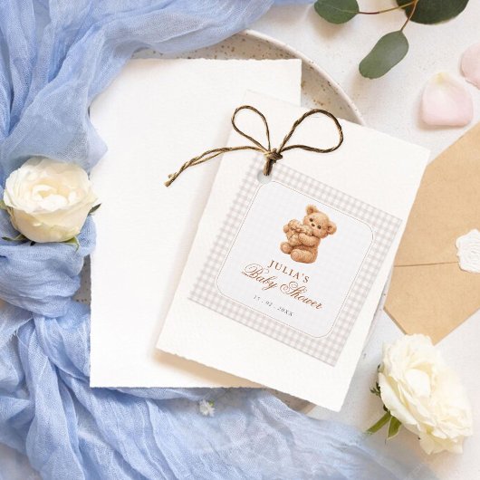 Brown Gingham Teddy Bear Neutral Baby Shower Paper フェイバータグ