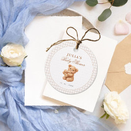 Brown Gingham Teddy Bear Neutral Baby Shower Paper フェイバータグ